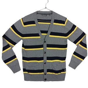 Kenji Cardigan Sweater Size Small Gray Blue and Yellow Stripes Button Down